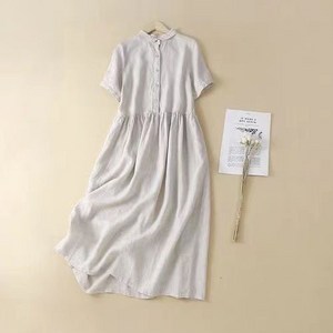 COBOTOR 여성 린넨 원피스 오버핏 a라인 캐주얼 여자 봄 여름 가을 반팔 롱원피스 linen dess women XK0128