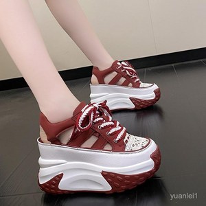 여성 여름 가죽 버클 펀칭 통기성 통굽 키높이 샌들 10cm