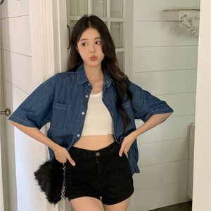 SAHINER 여름 여성 심플 캐주얼 데님 반팔셔츠 BTX23