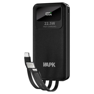 와피크 일체형 대용량 보조배터리 M1 20000mAh 고속충전 PD 22.5W QC 3.0 충전선 내장 기내반입 잔량표시, 블랙