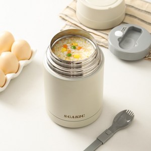 SGAKIC 직장인 보온보냉 도시락통 스텐 대용량 진공 죽통 숟가락 세트, 베이지 1000ML, 1개