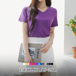 [당일발송] 여자친9 삼색컬러 배색 브이넥 반팔티셔츠(S~2XL)-국내제작 15칼라