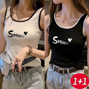 1+1 여름 스판 끈나시 티셔츠 하트 프린트 여자 슬림 민소매 이너 빅사이즈 smile