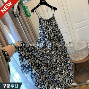 150kg까지 빅사이즈 여성 플라워 프렌치 플레어 멜빵치마 여름 편한 맥시 브이넥 박스 베이직 핏 예쁜 프린트 젊어 보이는 얇은것 시원한 휴양지 바캉스 모던 민소매 원피스