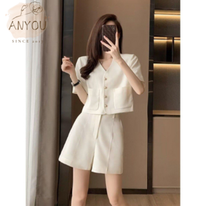 ANYOU 여성 정장 고급 세트 여름 직장인 상의 반바지 투피스