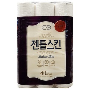 코디 젠틀스킨 40m*30롤 도톰하고 먼지 없는 무형광 천연펄프_nsmc 롤화장지, 40m, 30롤, 1개