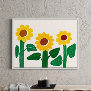 천진난만 노란 해바라기 세송이 그림액자[액자포함] 돈 들어오는 그림 풍수 재물운 식당개업선물 거실액자, White 액자