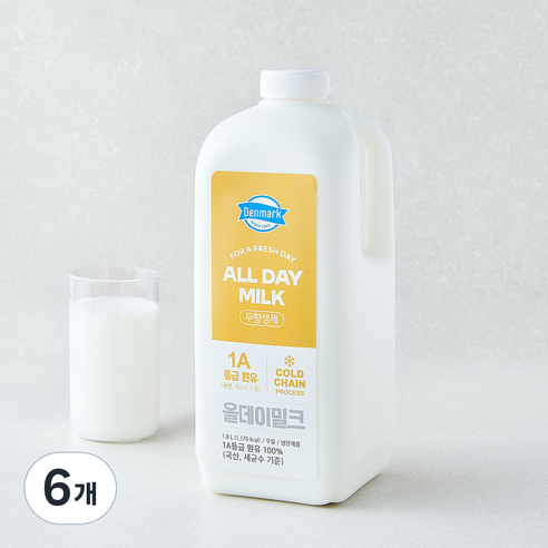 [로켓프레시] 덴마크 국내산 무항생제 인증 All Day Milk 신선한 1A등급 우유, 6개, 1.8L