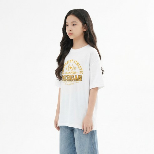 제니키즈 오버핏 챔피언미시간 반팔 티셔츠 JN2101T