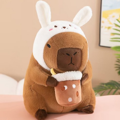 카피바라 봉제인형, 40cm, 화이트모자버블티, 1개