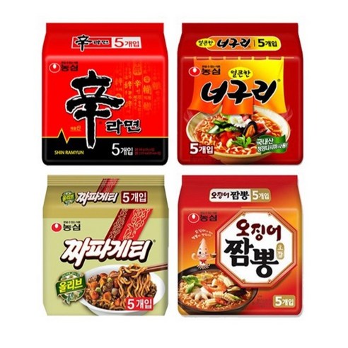 봉지 라면 4종 신라면 5개+ 짜파게티 5개 + 너구리 5개 + 오징어짬뽕 5개, 20개