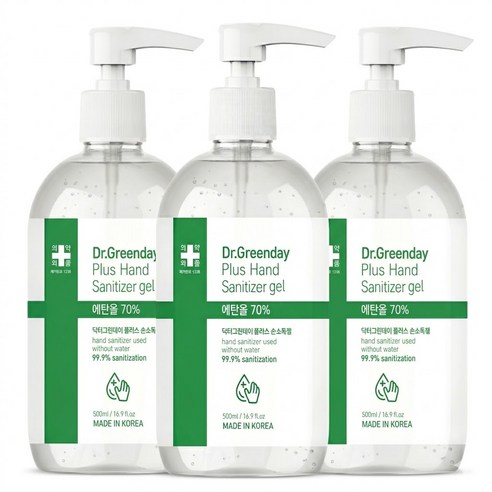 닥터그린데이 플러스 손소독제 에탄올70% 펌프형 겔타입, 3개, 500ml