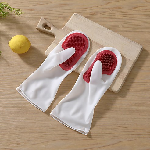 투핸드 수세미 일체형 실리콘 고무 장갑, 레드, FREE(one size), 1세트