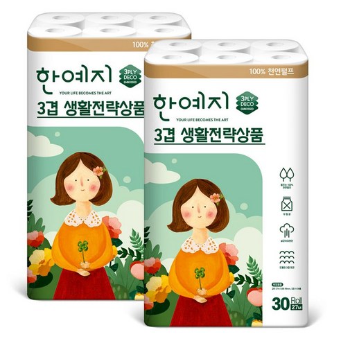 깨끗한나라 순수 프리미엄 더 퍼스트 천연펄프 3겹 고급롤화장지, 2개, 30개입, 27m