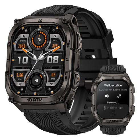 KOSPET Tank M4SE 야외용 웨어형 스마트워치 1.96인치 AMOLED 디스플레이 GPS 내장 LED 손전등 및 무전기 긴 배터리 사용 시간 100m 방수, GPS + 블루투스, 4.98cm, Black