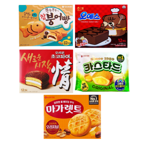 파이 5종 (오리온초코파이468g 1개+붕어빵174g 1개+롯데카스타드230g 1개+마가렛트352g 1개+오예스360g 1개)