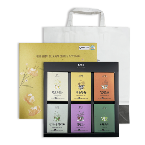 [본사직영] 다예 100%국산 꽃잎차 6종 티백 선물 세트+쇼핑백 (30티백) 국화꽃차+감잎차+헛개나무열매차+녹차세작+민들레차+뽕잎차, 6종, 1세트