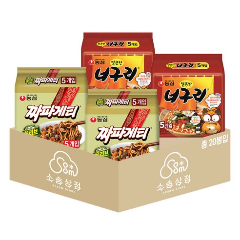 농심 봉지라면 혼합 20봉 (짜파게티+너구리 각 10봉), 1세트