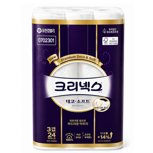 크리넥스 데코 앤 소프트 화장지 3겹, 27m, 30롤, 1개
