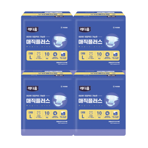 레디홈 프리미엄 성인기저귀 강력흡수 매직테이프 남녀공용, 대형, 10개입, 4개