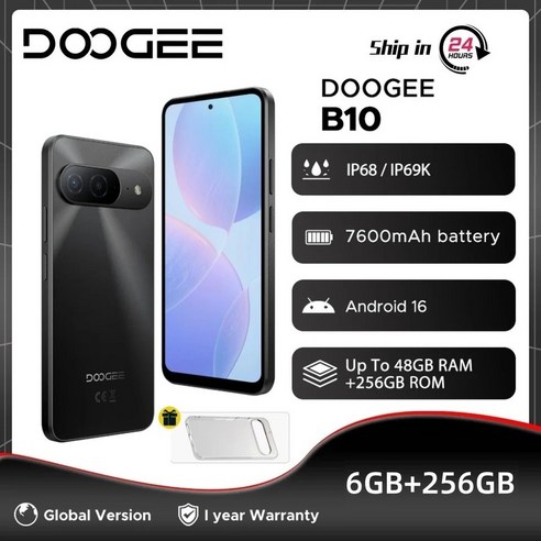 글로벌 버전 DOOGEE B10 스마트폰 안드로이드 16 48GB+256GB IP68 / IP69K Helio G100 7600mAh 대용량 배터리 64MP
