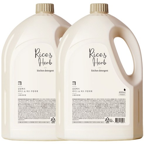 1+1 살림백서 대용량 주방세제 4L 스위트허브향 설거지 리필 과일세척, 2개, 4L