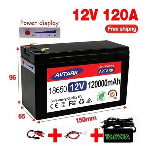 태양 에너지용 18650 배터리 12V 고전류 120Ah 충전기 12 6V BMS 내장 30A 전기차 120000mAh