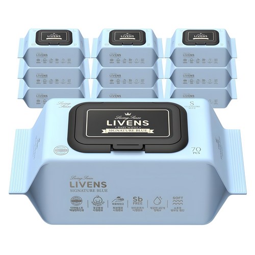리벤스 유아용 시그니처 블루 도톰한 엠보싱 물티슈 캡형, 75g, 70매, 10개