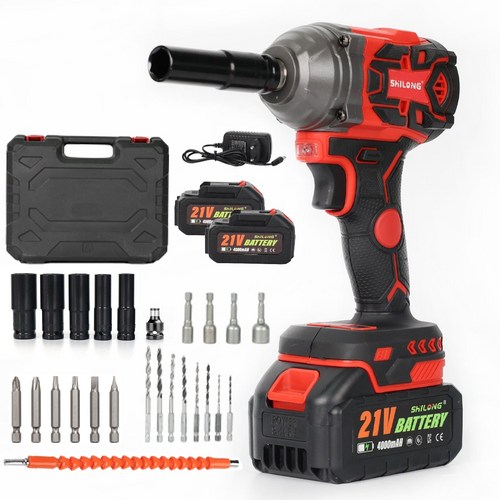 SHILONG 21V 고출력 충전 임팩드릴 전동 임팩렌치 5세대 임팩트 드라이버 500토크 4.0Ah 배터리 2개, 1세트