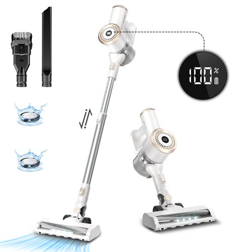 [최신형] PrettyCare 33KPa의 강력한 흡입력을 가진 스틱형 진공청소기 애완동물 털을 위한 경량 무선 진공청소기, W200 White