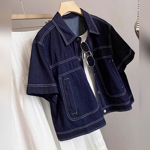 IWMAFT 여성 여름 데님 반팔 재킷 카라넥 크롭 기장 포켓 디테일 루즈핏 캐주얼 레이어드 아우터 HY927