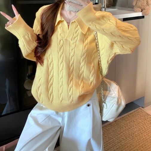 여성용 꽈배기 카라 브이넥 니트 봄 긴팔 티셔츠