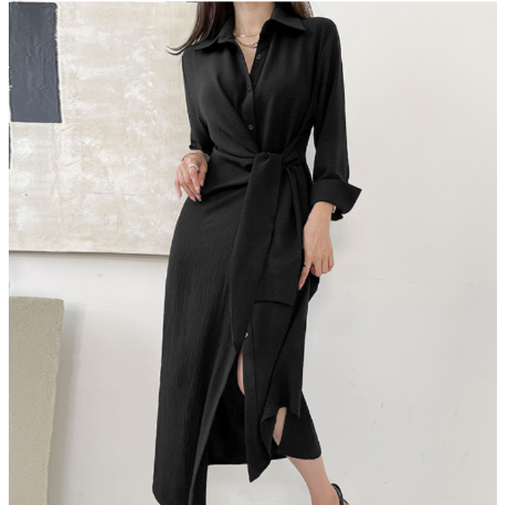 체인지쉬change she 여성 클래식 언발란스 매듭 카라 셔츠 긴팔 원피스