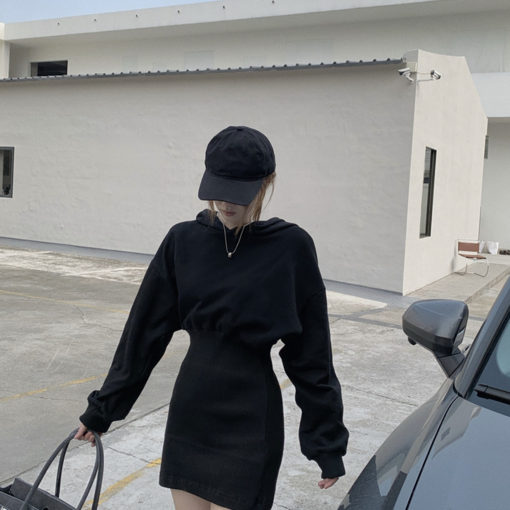 couchsurfing 여성 후드 슬림 웨이스트 긴소매 미니 원피스