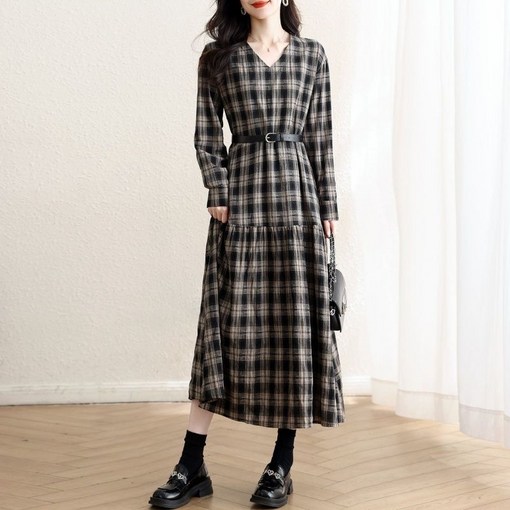 루스리더 여성 신상 체크무늬 브이넥 숙녀 롱 루즈핏 원피스 E1379