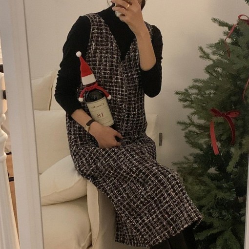 루어스룸 샤네 브이넥 겨울 민소매 레이어드 루즈핏 H라인 연말룩 하객룩 고급 트위드 롱 원피스