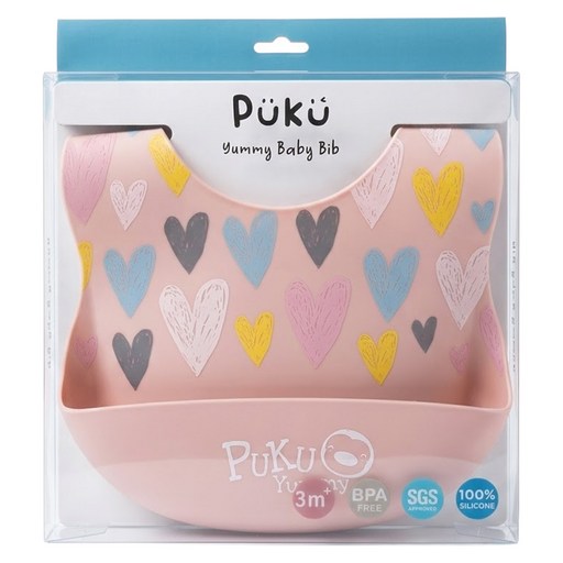 PUKU 藍色企鵝 Yummy矽膠圍兜, 愛心粉, 1入, 1件