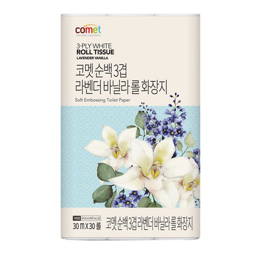 코멧 순백 3겹 라벤더 바닐라 롤화장지, 30m, 30개입, 1개