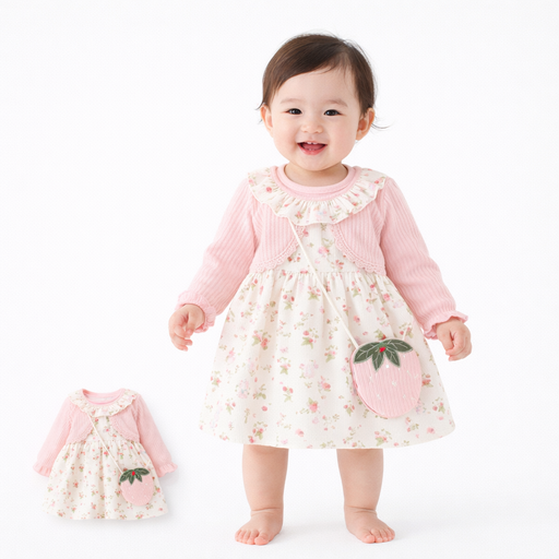 여아 긴팔 원피스 봄가을 플라워 패턴 핑크 딸기 가방 세트