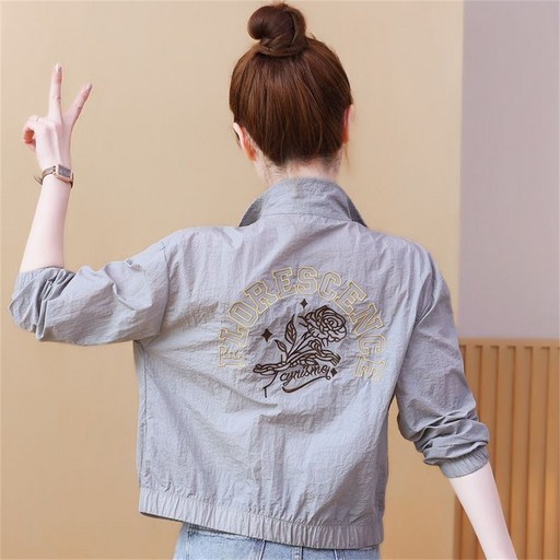 TKX 여성용 경량 자켓 자수 디자인 봄 여름 가벼운 아우터 바람막이 캐주얼 방풍 자외선차단 짧은 점퍼