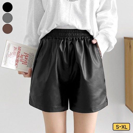 가비진 여성용 쫀쫀 허리 밴딩 레더 옆트임 포인트 반바지 가죽 숏팬츠 바지 빅사이즈까지