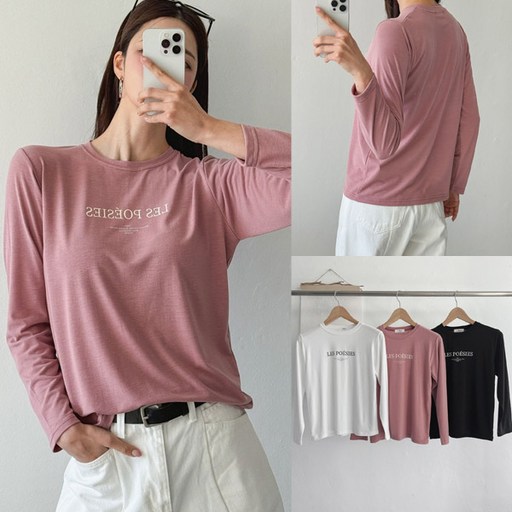 여성 레이온 스판 찰랑 라운드넥 슬리브 긴팔 티셔츠