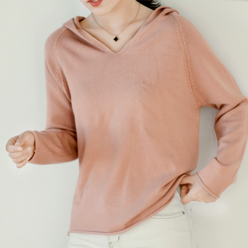 MS HOME 여성 후드 니트 브이넥 데일리 베이직