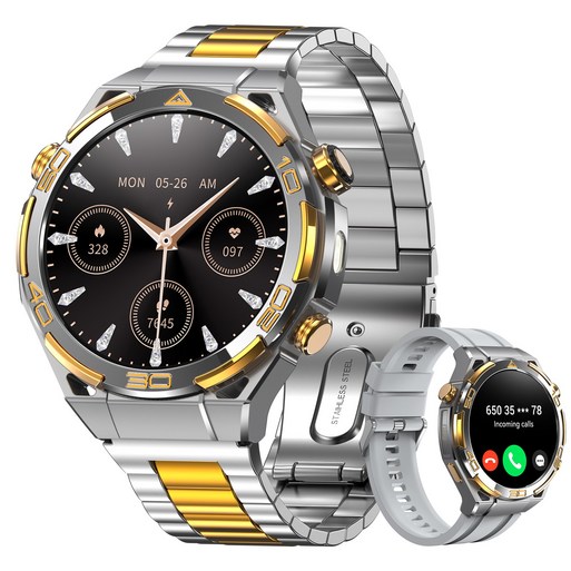 IOWODO W90pro 아웃도어 스마트워치 남성 시계 1.43인치 스틸밴드 GPS 운동경로 나침반 기상 메시지 알림 혈중산소 심박수 수면 스트레스 측정 건강 모니터링, GPS  블루투스, 4.8cm, 은색