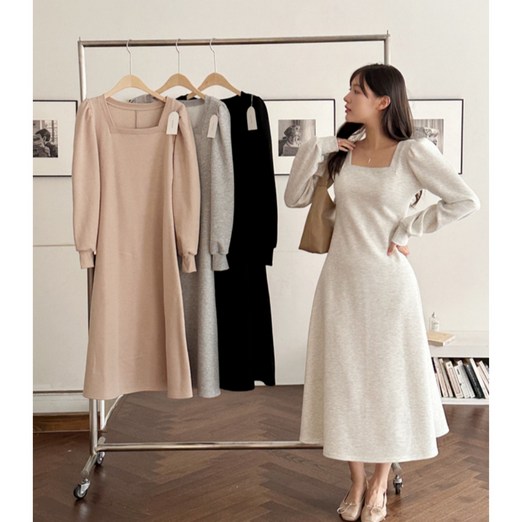 핏몬 여성 스퀘어넥 기모 퍼프 슬림 롱 원피스