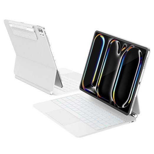 한국형 아이패드 프로 13인치 마그네틱 키보드 케이스, M58세대M47세대 호환, 11색 백라이트, 트랙패드, 내구성 가죽, 화이트, 1개
