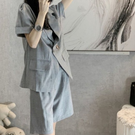 COSYEVNO 여름 여성 정장 세트 루즈핏 트렌디한 통근 반팔 재킷반바지 투피스
