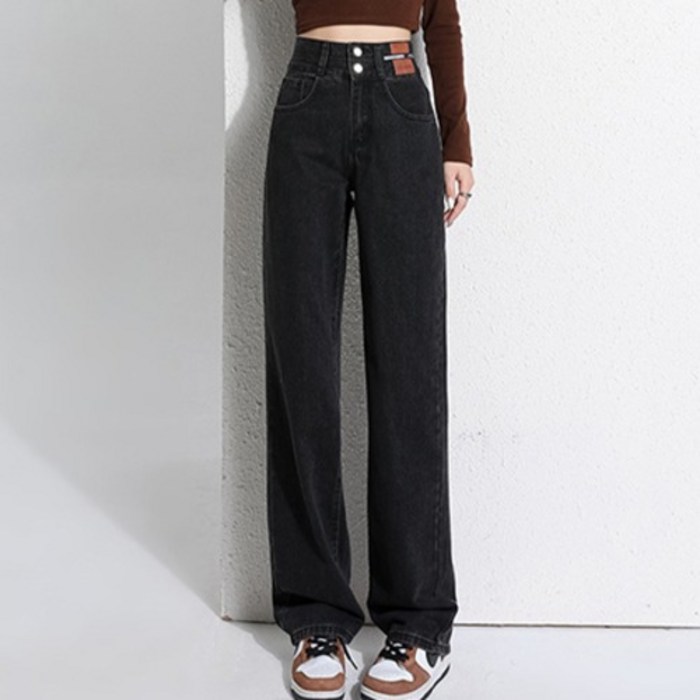 여성용 패션플로우 투버클 포인트 와이드 기모 데님 팬츠