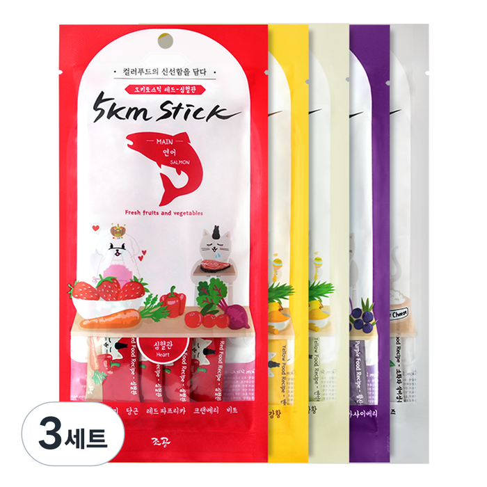 조공 전연령 고양이 강아지 오키로스틱 짜먹는 간식 5팩, 혼합맛레드옐로우닭옐로우대구퍼플화이트, 3세트