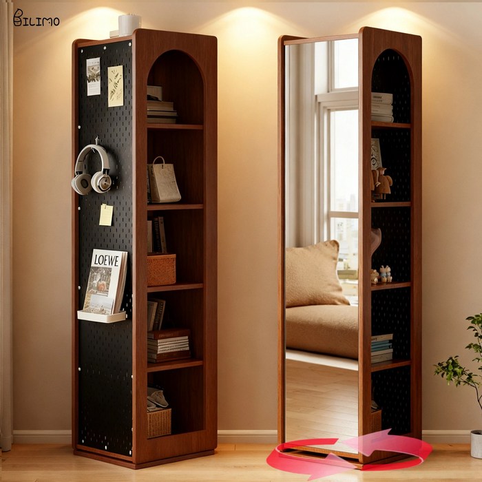 BILIMO 전신거울 회전형 수납 선반 다용도 스탠드, 월넛색